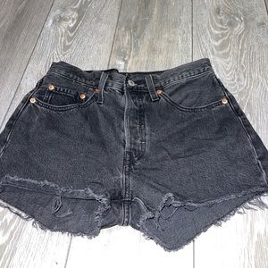 Levi's 501 Button Fly High Waist Black Denim Cut Off Shorts Raw Hem Women's W 26